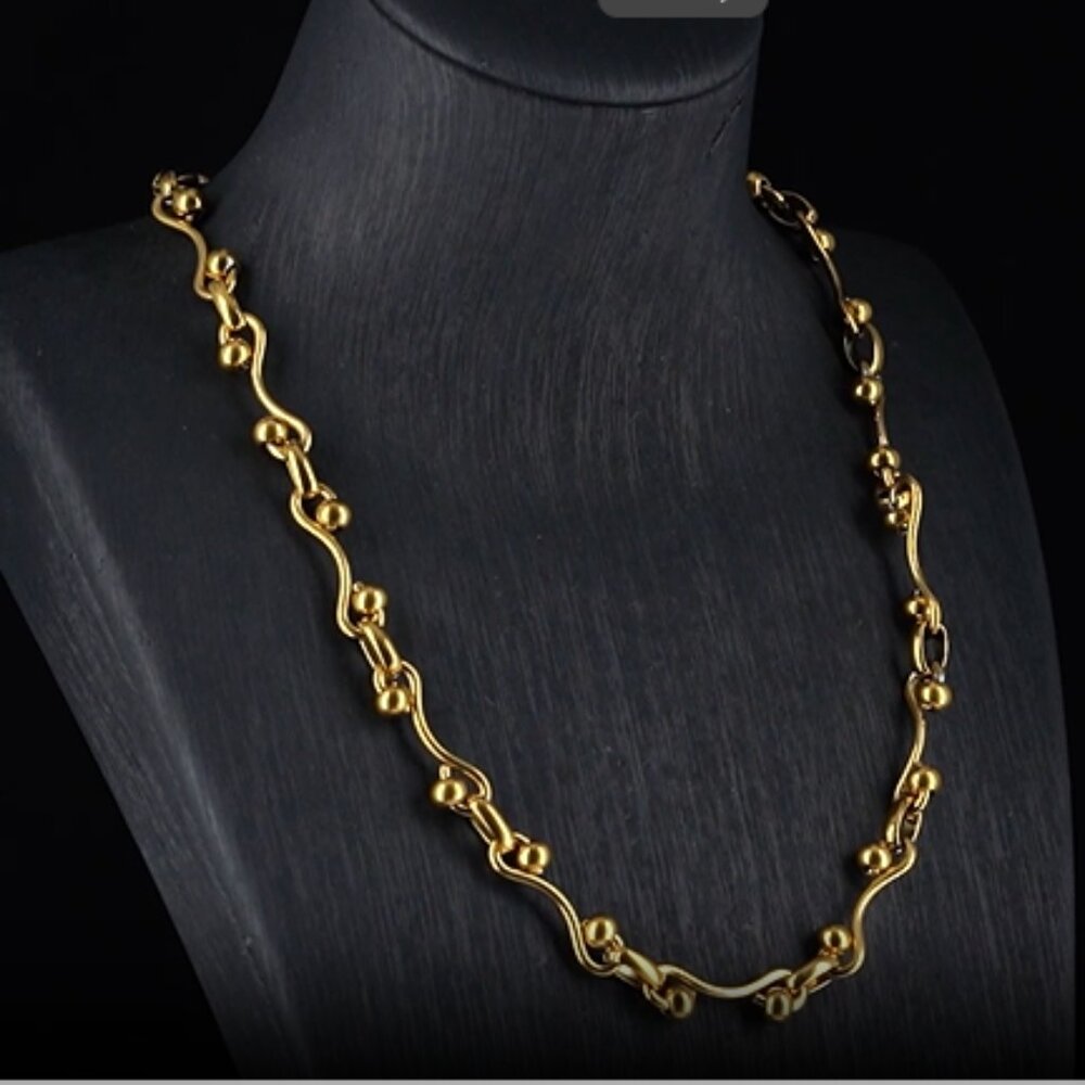 Modern Wave Link Necklace ION Plated YG Stainless Steel